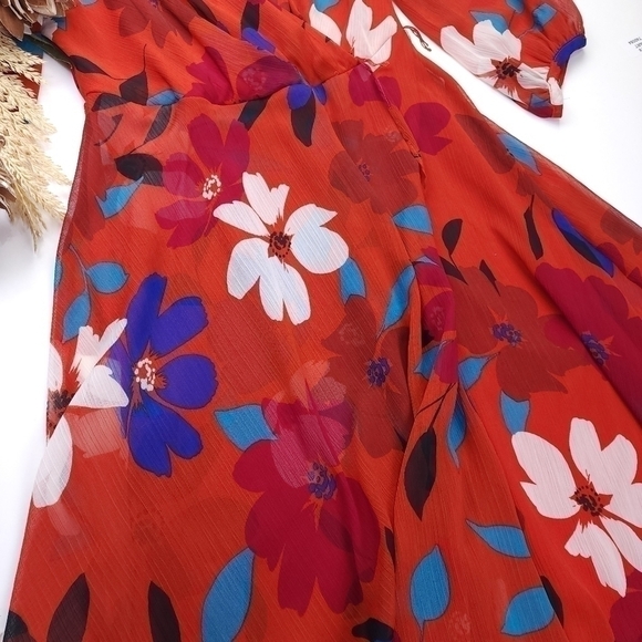 CHAPS Reddish Orange Blue Floral Dress Size 4 - Picture 5 of 15